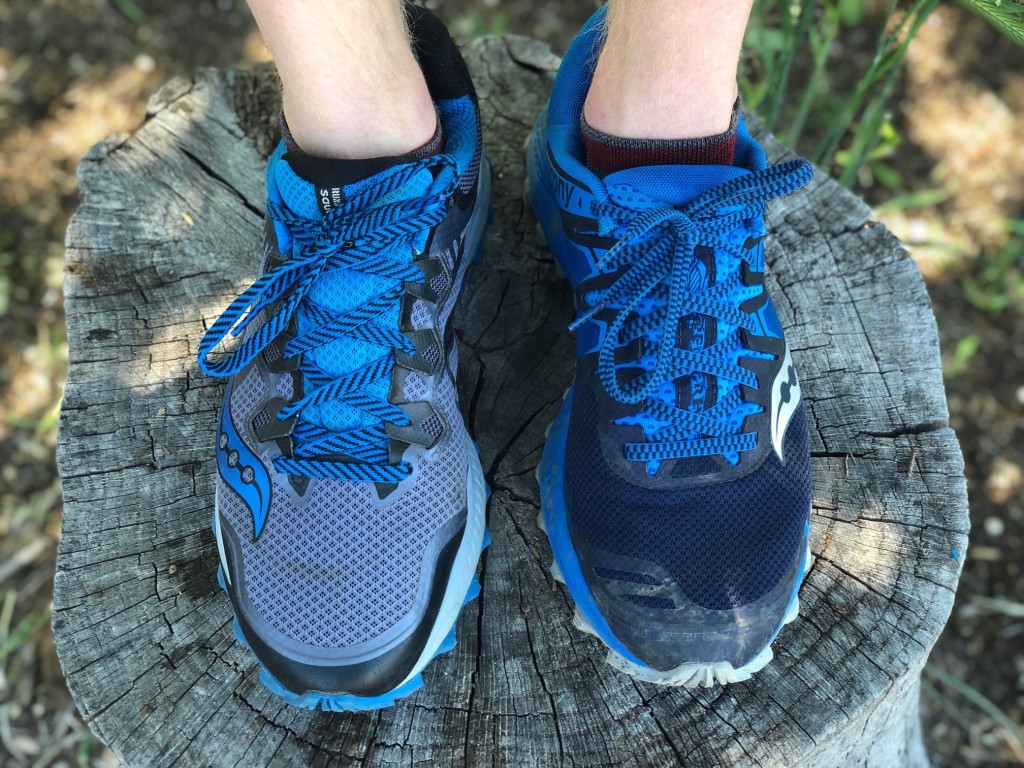 Revisión de las zapatillas saucony peregrine iso trail running para hombre: se muestran las dos últimas versiones, con la peregrine iso en azul oscuro...
