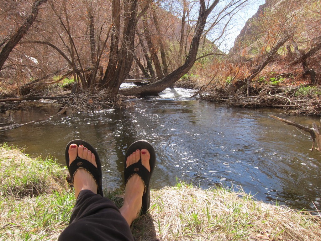 Revisión de las chanclas de abanico para mujer de arrecife: relajante junto al arroyo en la garganta del rĆo Owen en California. el arrecife...